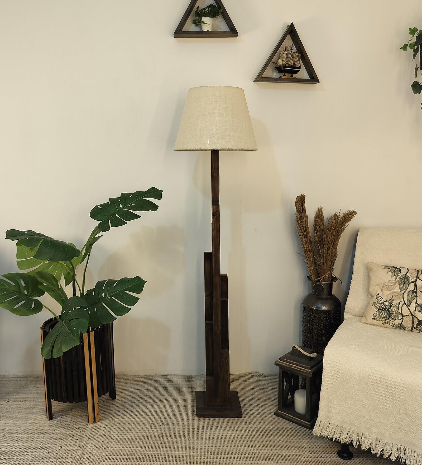 Skyline Wooden Floor Lamp with Brown Base and Yellow Printed Fabric Lampshade - WoodenTwist