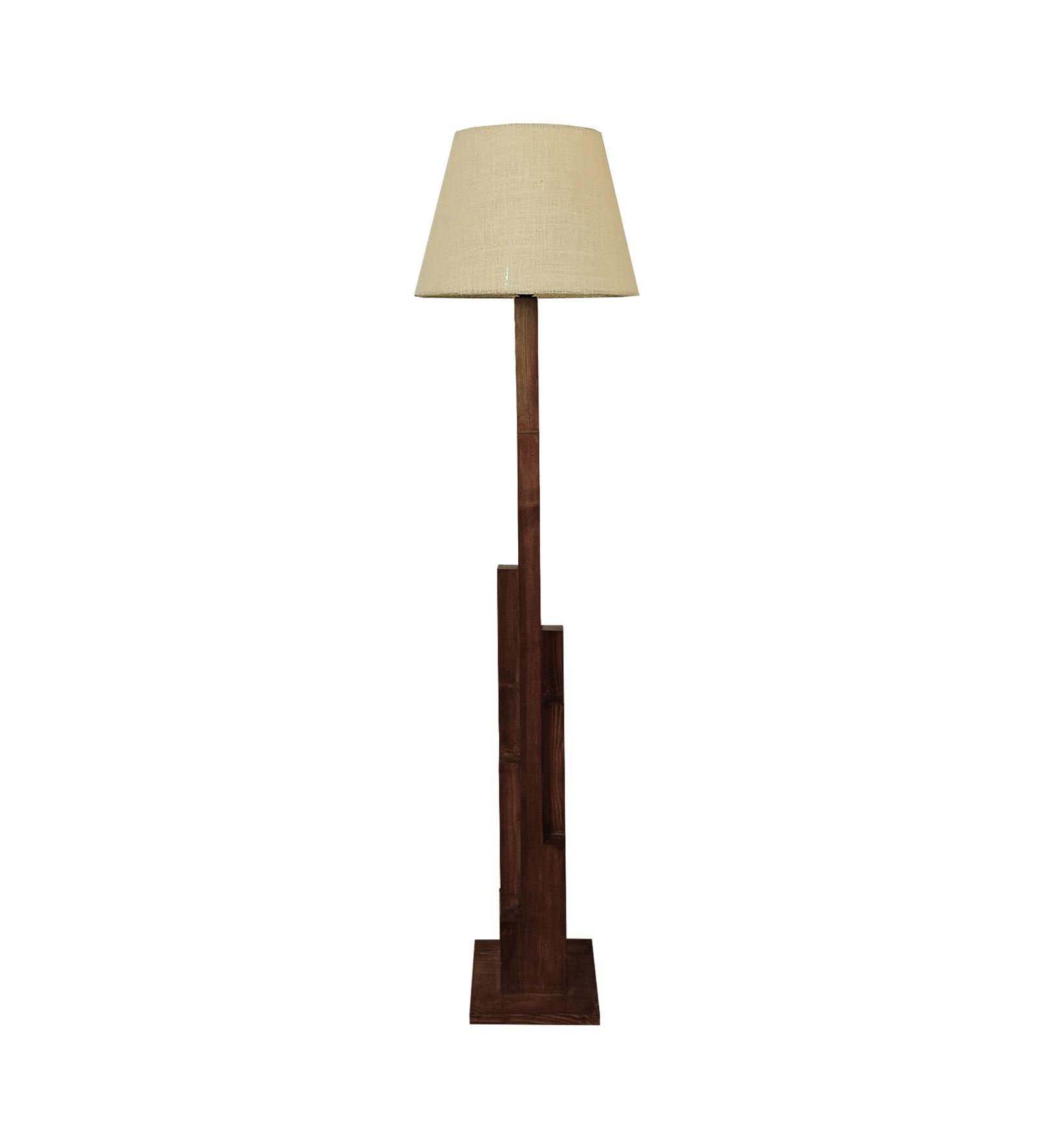 Skyline Wooden Floor Lamp with Brown Base and Yellow Printed Fabric Lampshade - WoodenTwist