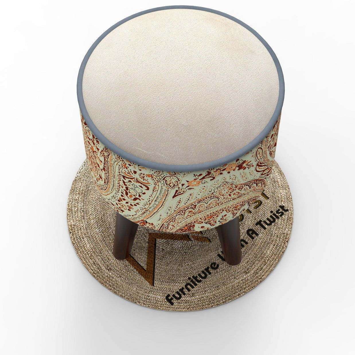 Wooden Twist Rope Puffy Ottoman Stool For Living Room ( Cream & Brown ) - WoodenTwist