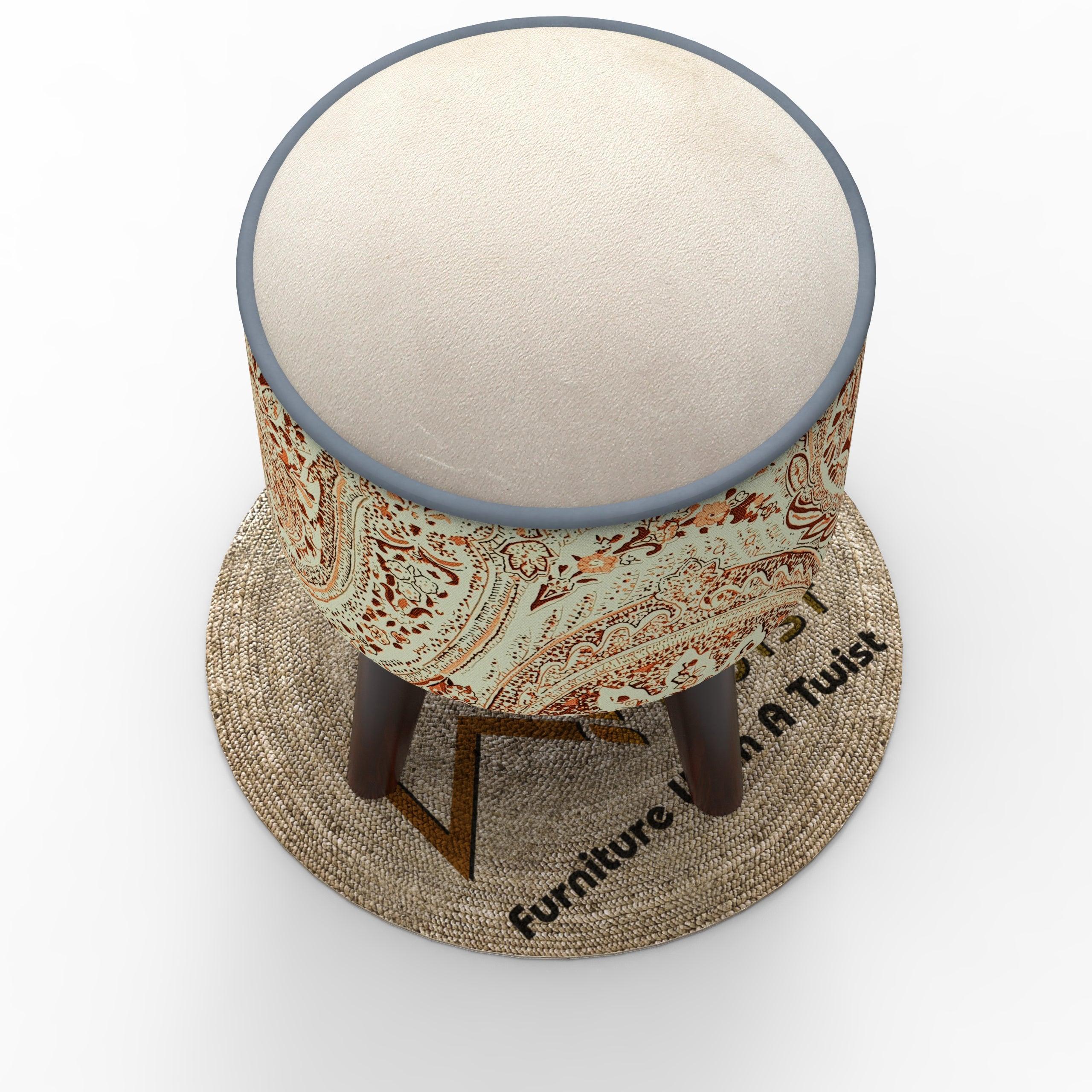 Wooden Twist Rope Puffy Ottoman Stool For Living Room ( Cream & Brown ) - WoodenTwist
