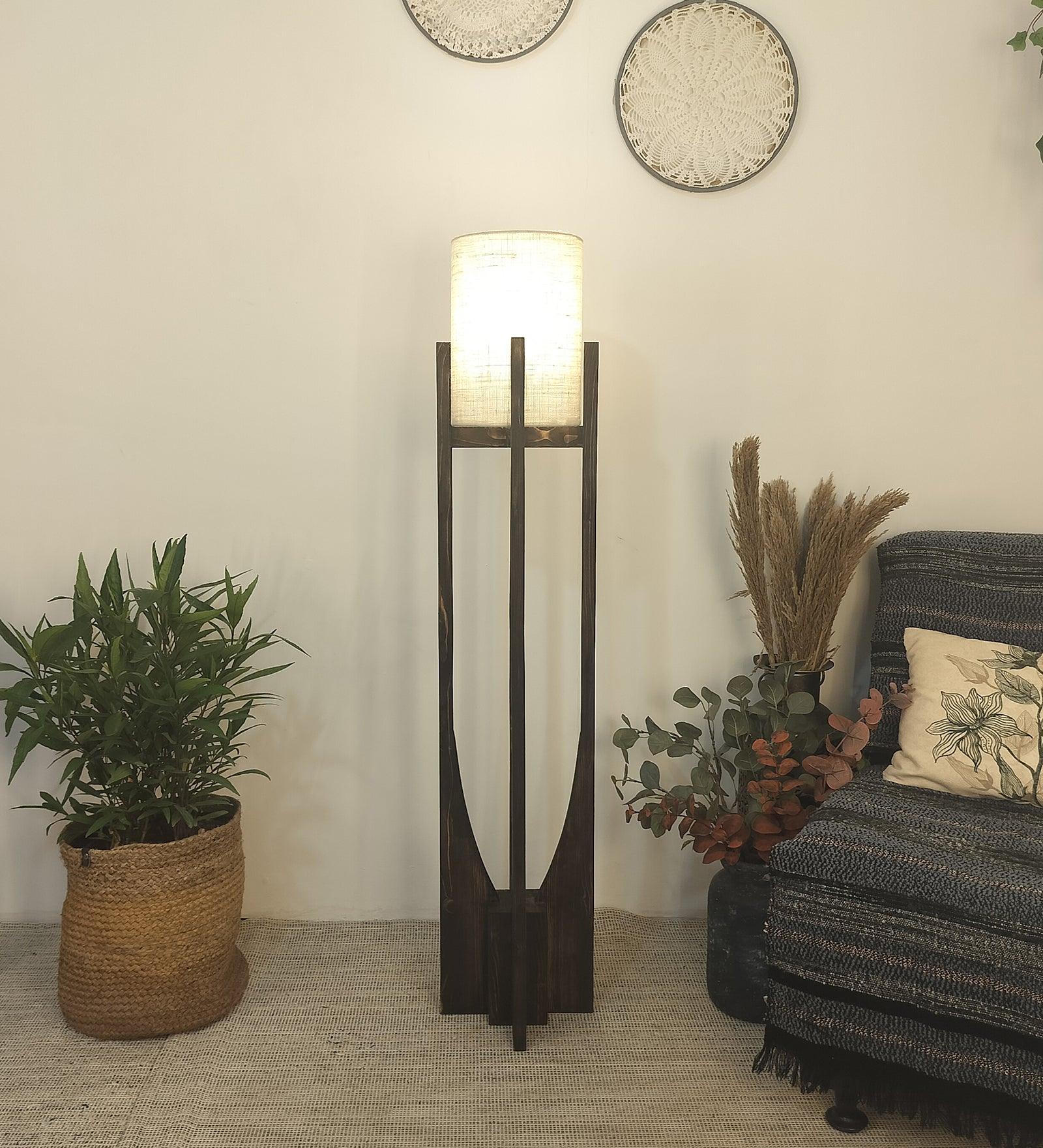 Solitaire Wooden Floor Lamp with Brown Base and White Fabric Lampshade - WoodenTwist