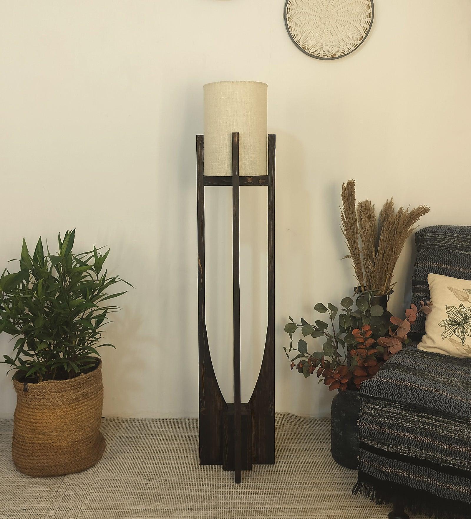 Solitaire Wooden Floor Lamp with Brown Base and White Fabric Lampshade - WoodenTwist