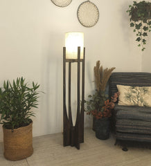 Solitaire Wooden Floor Lamp with Brown Base and White Fabric Lampshade - WoodenTwist