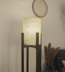 Solitaire Wooden Floor Lamp with Brown Base and White Fabric Lampshade - WoodenTwist