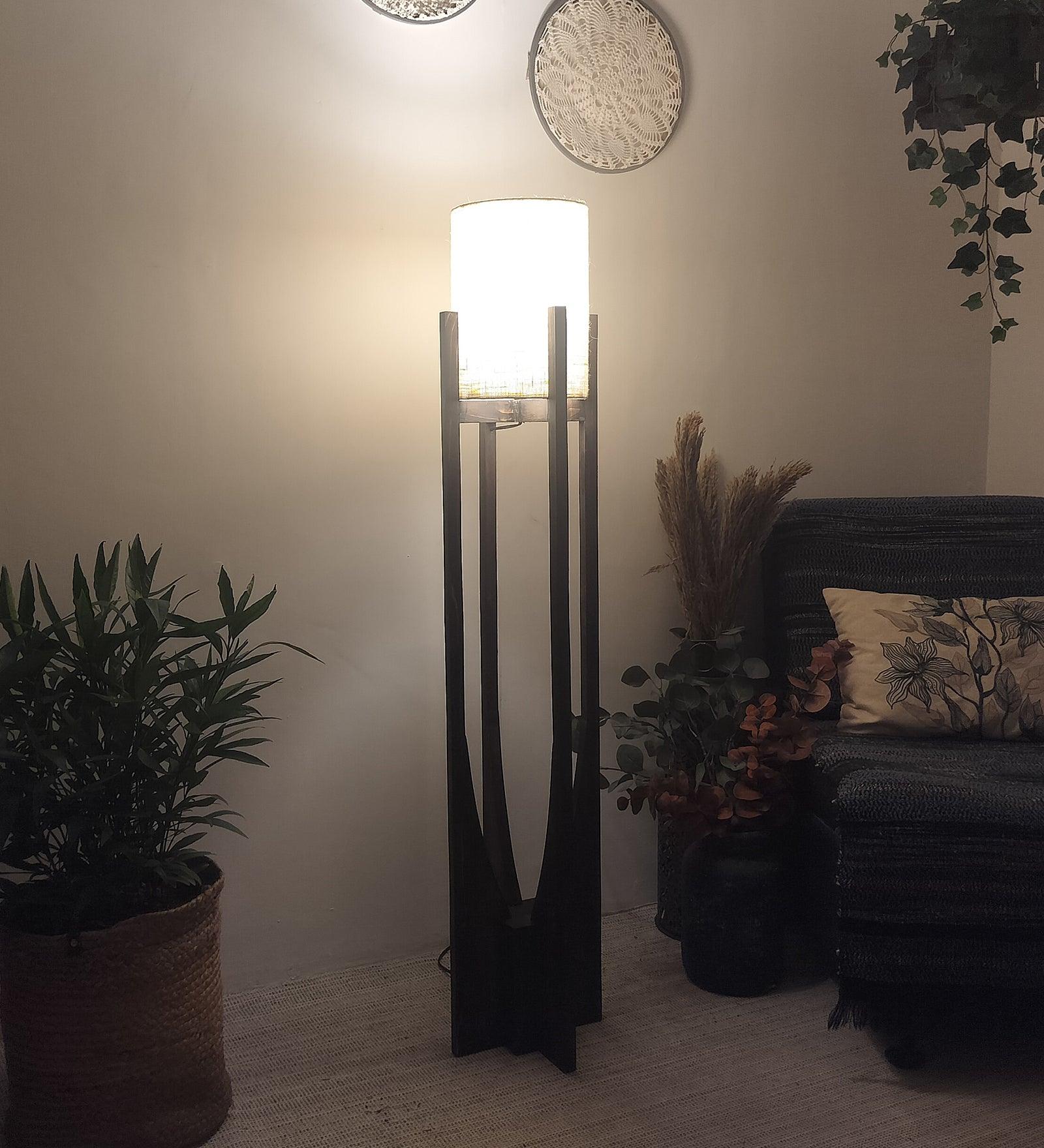 Solitaire Wooden Floor Lamp with Brown Base and White Fabric Lampshade - WoodenTwist