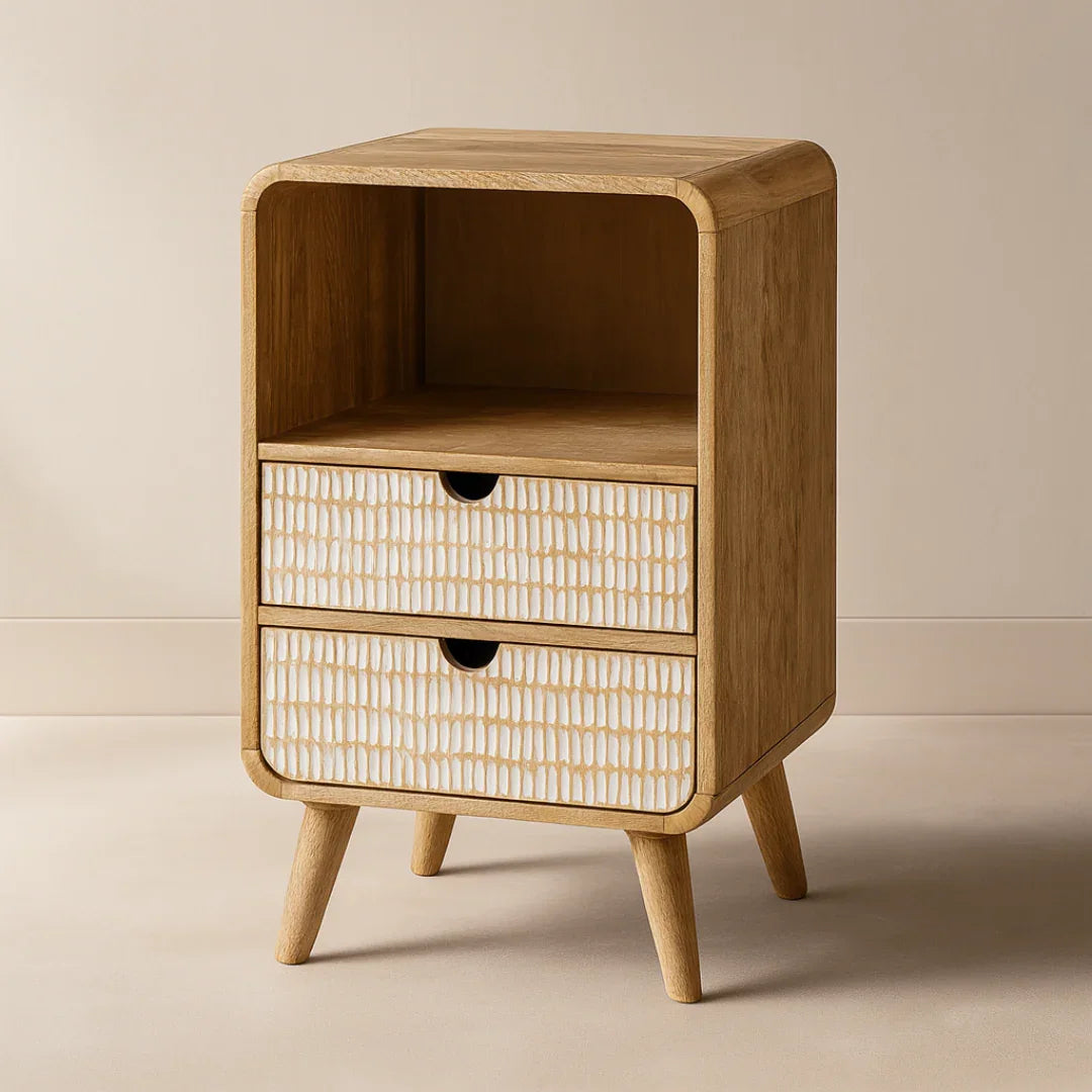 Wooden side table with wicker drawer on a beige background