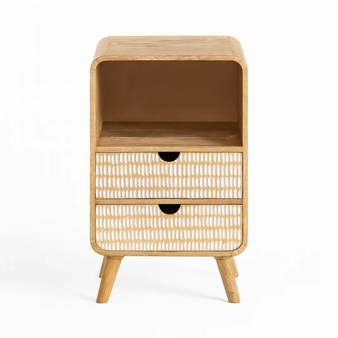 Wooden side table with rattan drawers on a white background