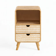 Wooden side table with rattan drawers on a white background