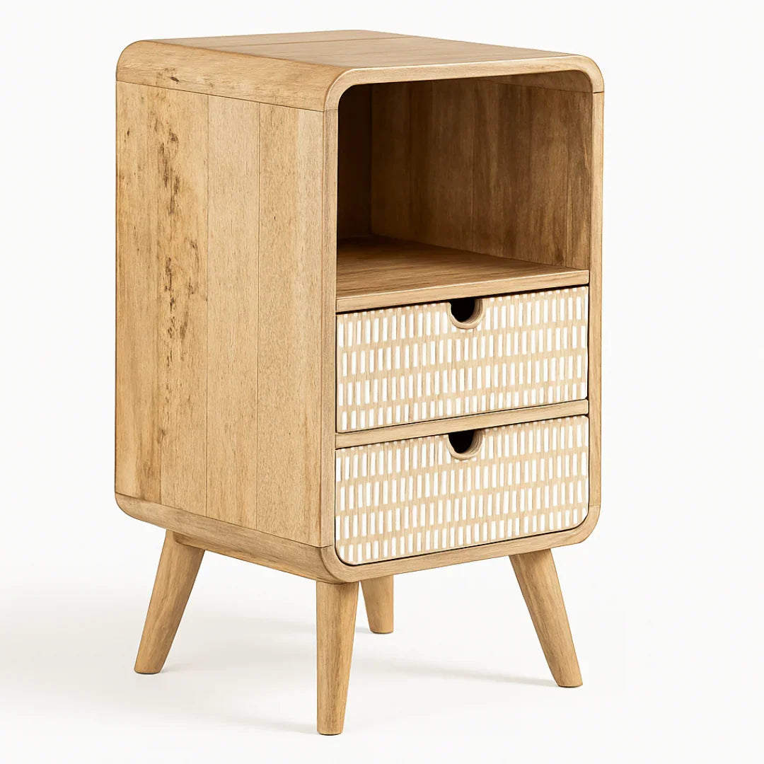 Wooden side table with a drawer featuring a wicker-like pattern on a white background