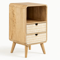 Wooden side table with a drawer featuring a wicker-like pattern on a white background