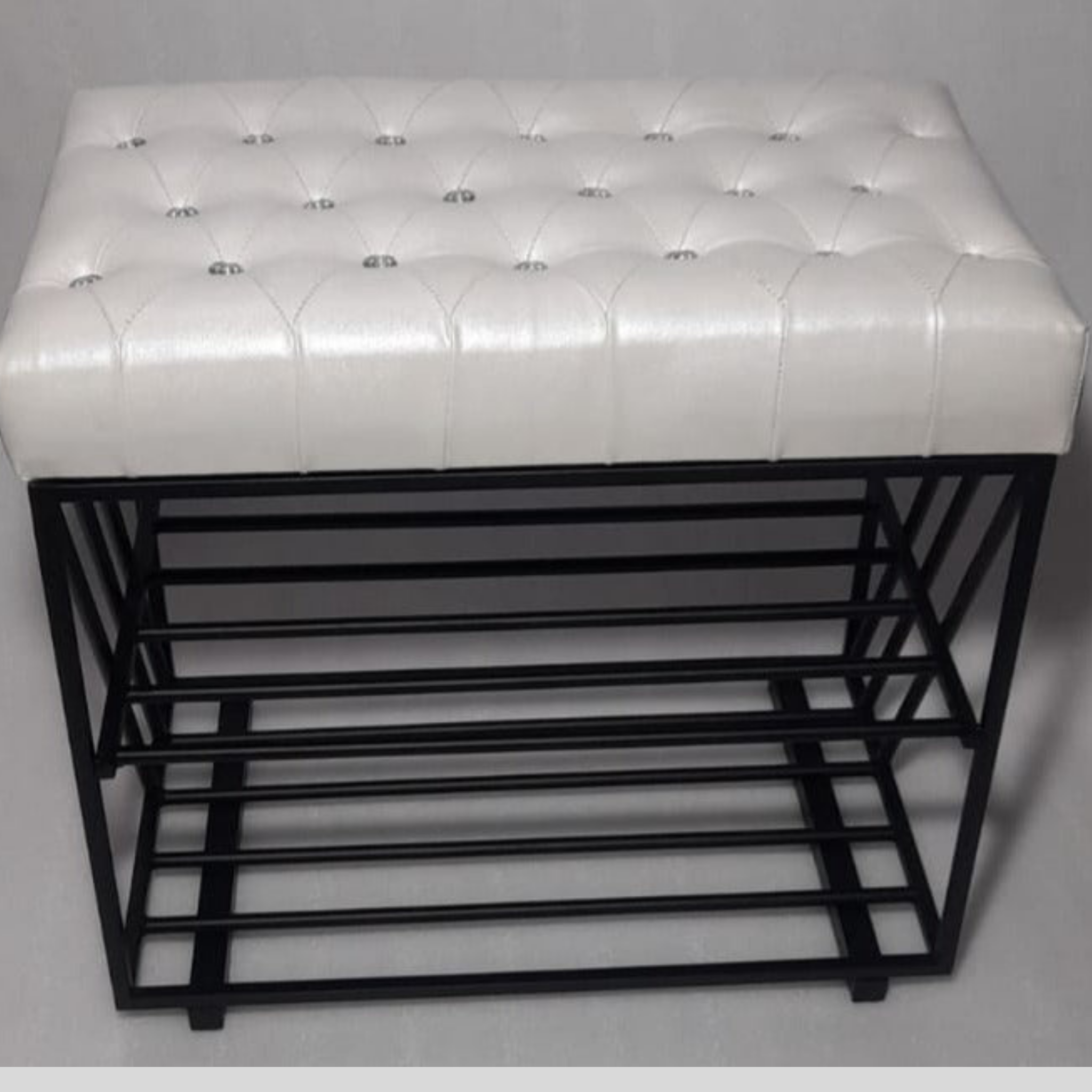 Modena Morden Solid Metal Rectangular Shoe Rack Button Tuffted in Golden Finish.