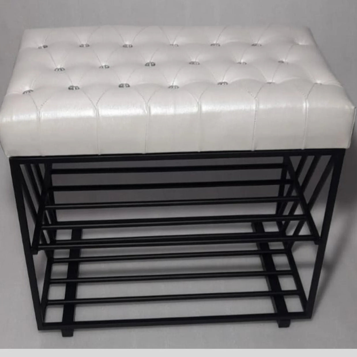 Modena Morden Solid Metal Rectangular Shoe Rack Button Tuffted in Golden Finish. - WoodenTwist