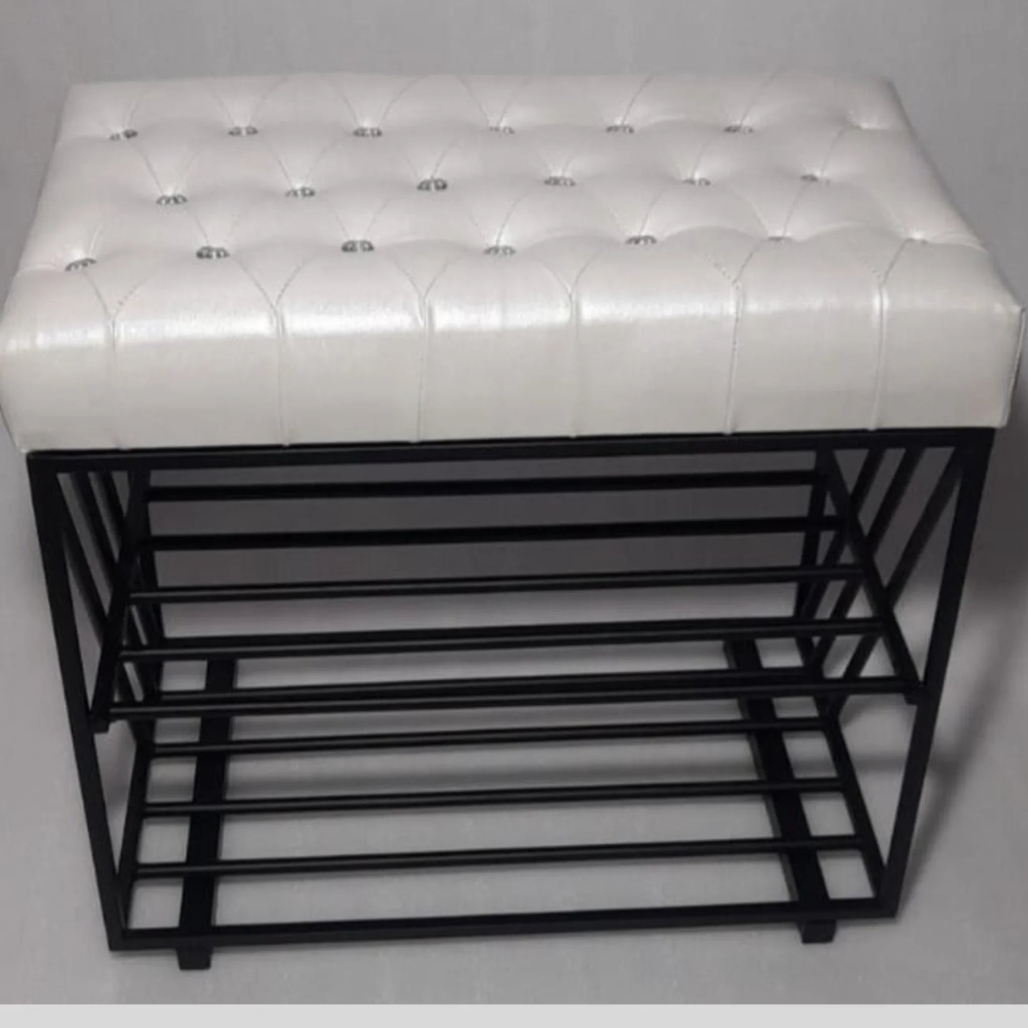 Modena Morden Solid Metal Rectangular Shoe Rack Button Tuffted in Golden Finish. - WoodenTwist