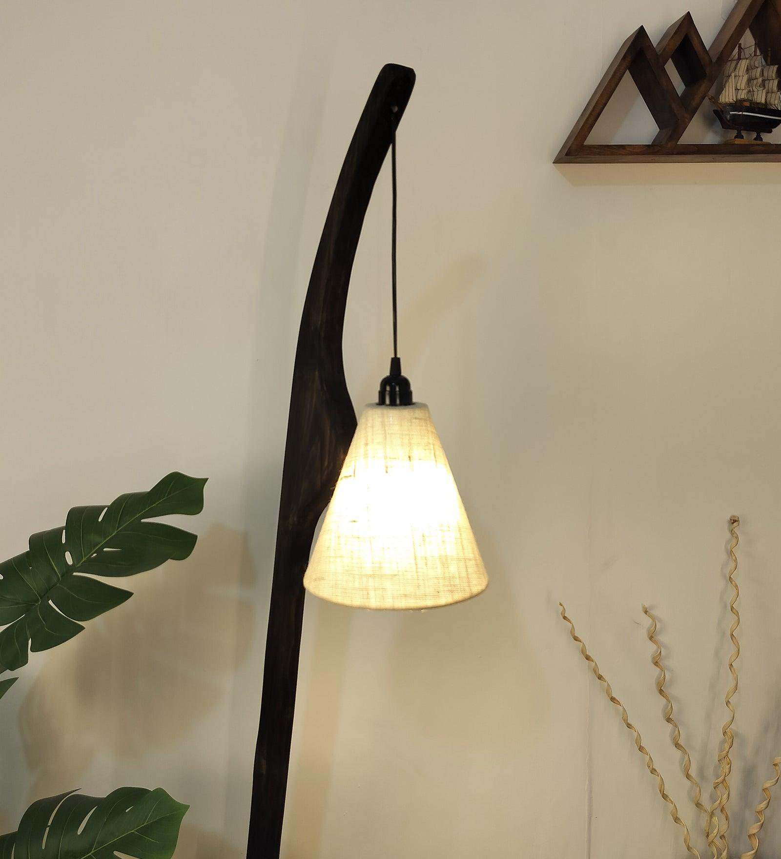 Species Wooden Floor Lamp with Brown Base and Jute Fabric Lampshade - WoodenTwist