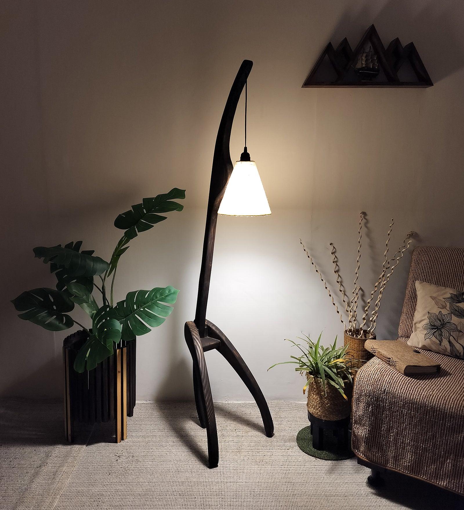 Species Wooden Floor Lamp with Brown Base and Jute Fabric Lampshade - WoodenTwist