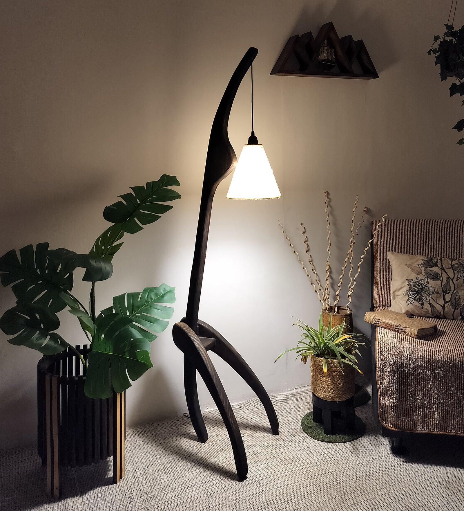 Species Wooden Floor Lamp with Brown Base and Jute Fabric Lampshade - WoodenTwist