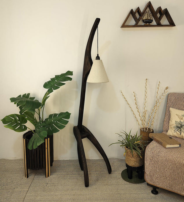 Species Wooden Floor Lamp with Brown Base and Jute Fabric Lampshade - WoodenTwist