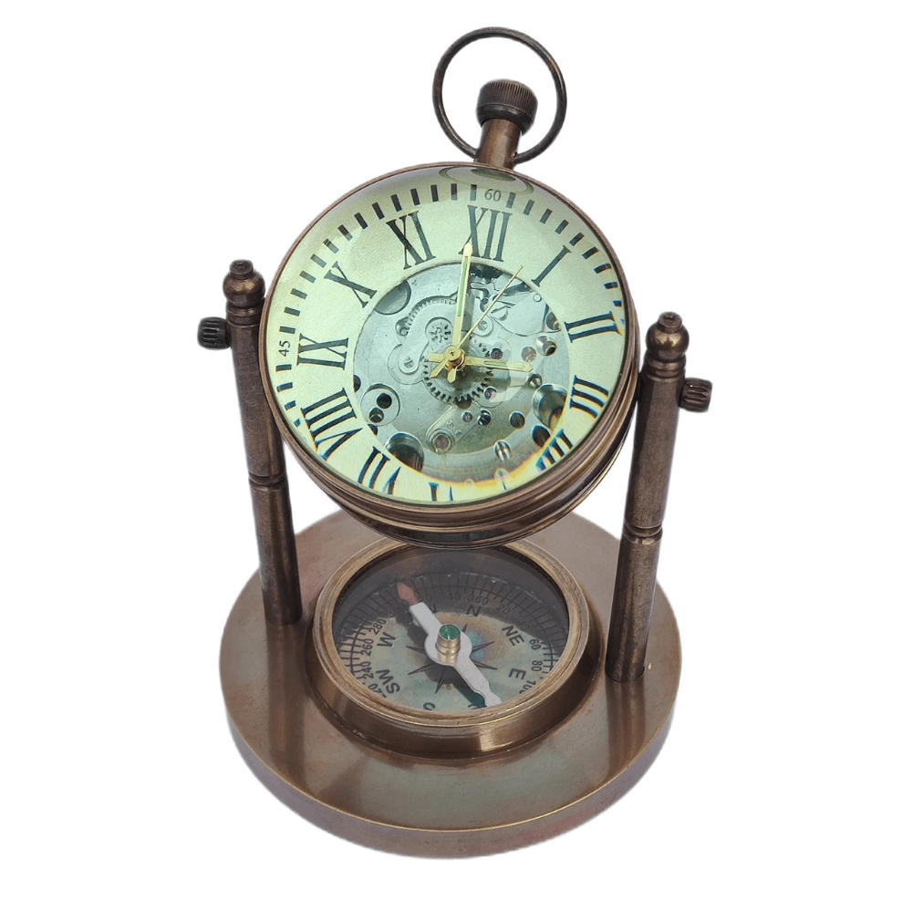 A steampunk desk clock with a working compass