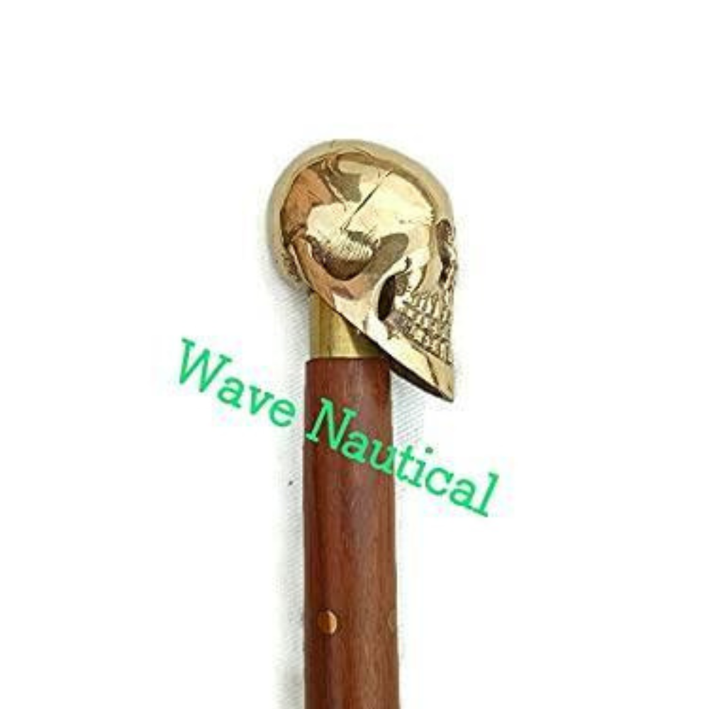 Antique Brass Handle Vintage Style Wooden Walking Cane Stick Skull Head - WoodenTwist