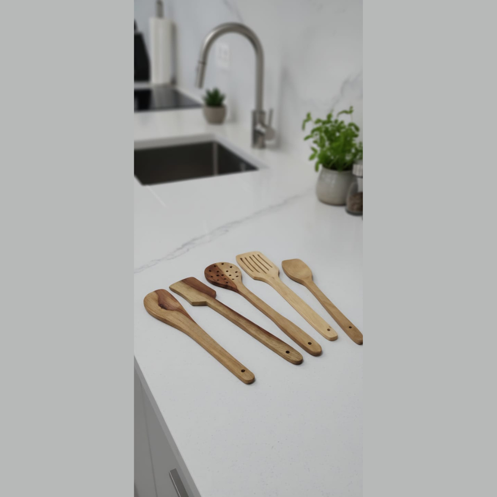 Stylish Wooden ( Natural & Brown ) Cooking Spoons ( Set Of Five ) - WoodenTwist