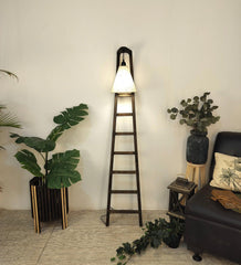 Stairway Wooden Floor Lamp with Brown Base and Jute Fabric Lampshade - WoodenTwist