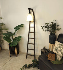 Stairway Wooden Floor Lamp with Brown Base and Jute Fabric Lampshade - WoodenTwist