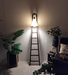 Stairway Wooden Floor Lamp with Brown Base and Jute Fabric Lampshade - WoodenTwist