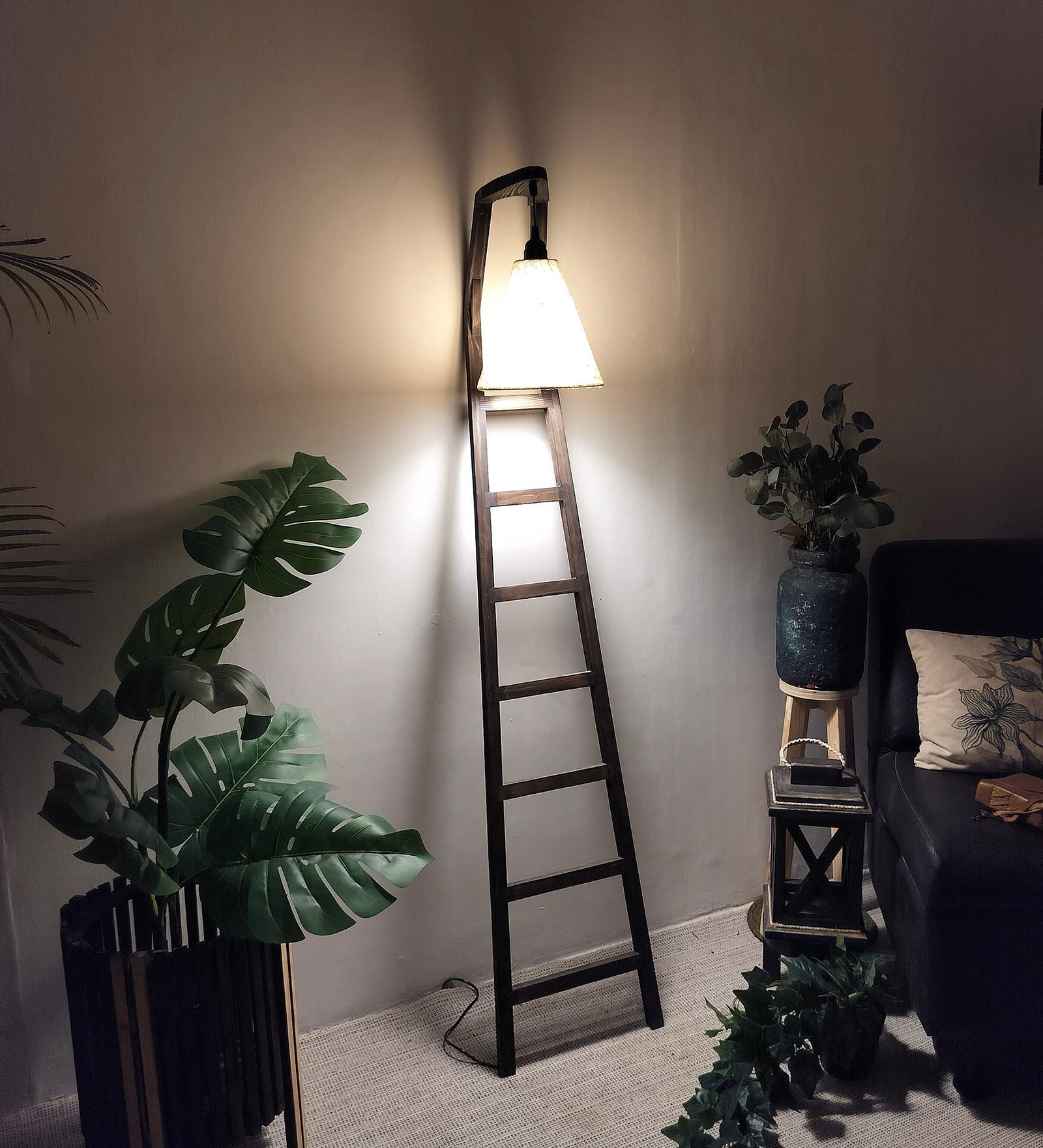 Stairway Wooden Floor Lamp with Brown Base and Jute Fabric Lampshade - WoodenTwist