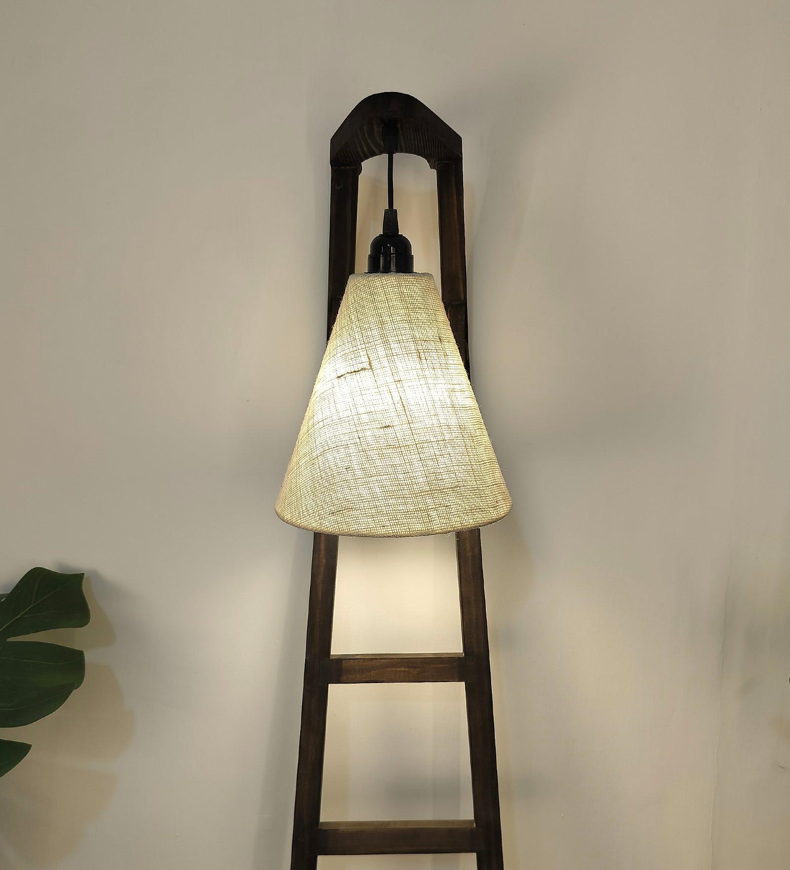 Stairway Wooden Floor Lamp with Brown Base and Jute Fabric Lampshade - WoodenTwist