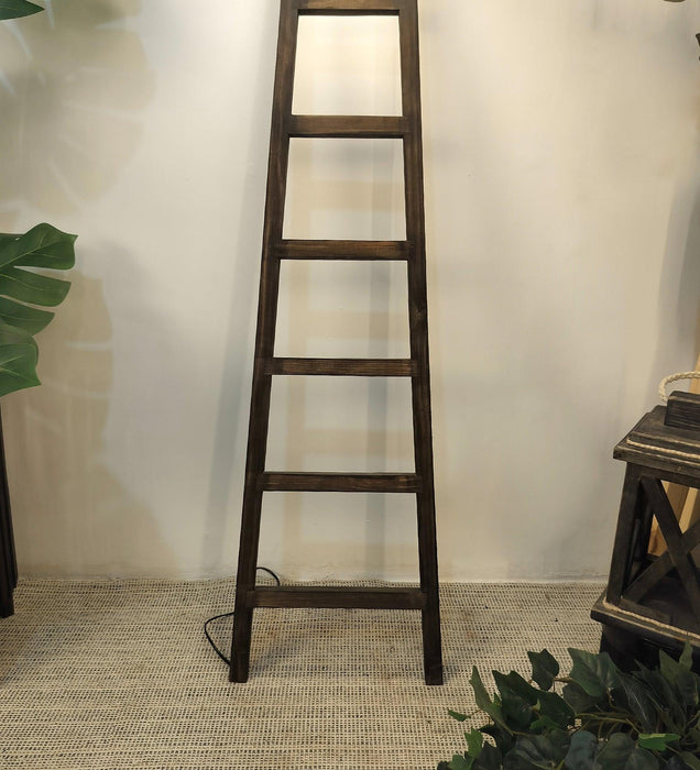Stairway Wooden Floor Lamp with Brown Base and Jute Fabric Lampshade - WoodenTwist
