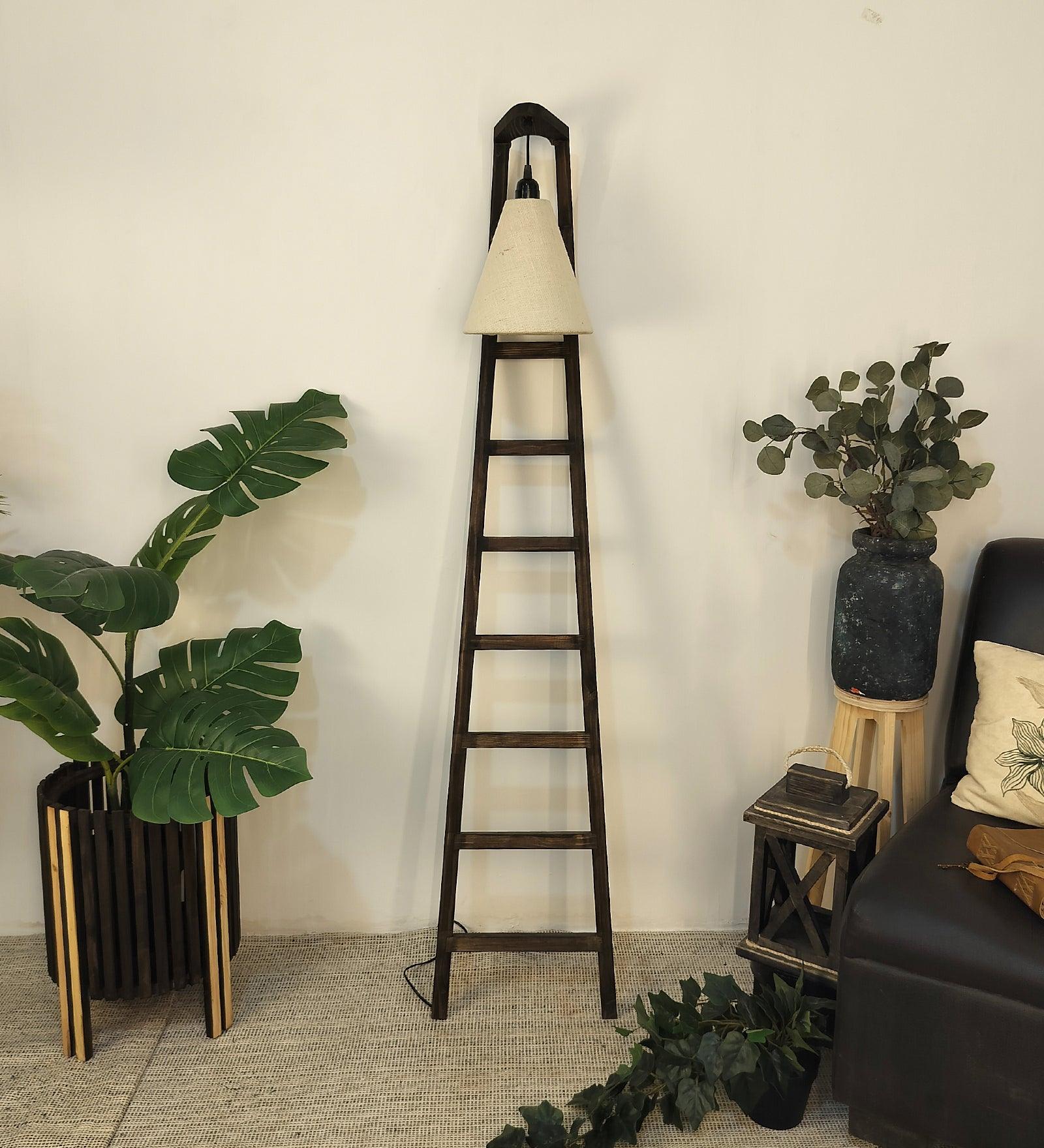 Stairway Wooden Floor Lamp with Brown Base and Jute Fabric Lampshade - WoodenTwist