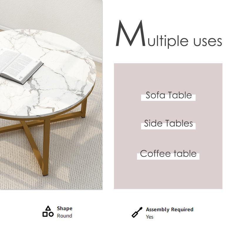 Golden Circular Cross Center Table With Italian Nano Marble Top - WoodenTwist