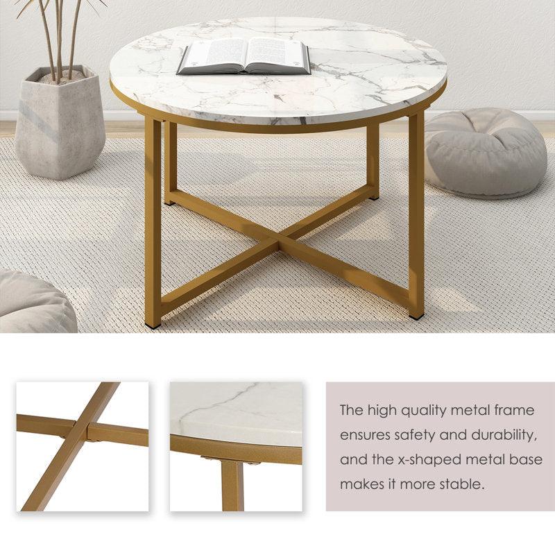 Golden Circular Cross Center Table With Italian Nano Marble Top - WoodenTwist