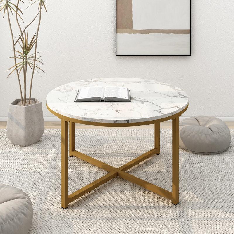 Golden Circular Cross Center Table With Italian Nano Marble Top - WoodenTwist