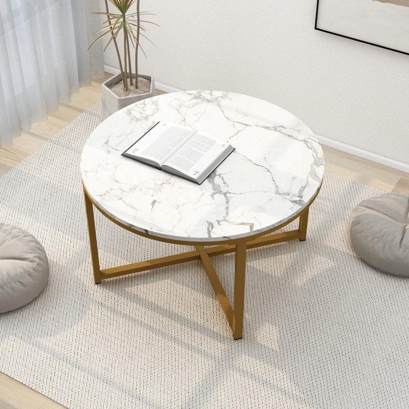 Golden Circular Cross Center Table With Italian Nano Marble Top - WoodenTwist