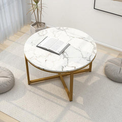 Golden Circular Cross Center Table With Italian Nano Marble Top - WoodenTwist