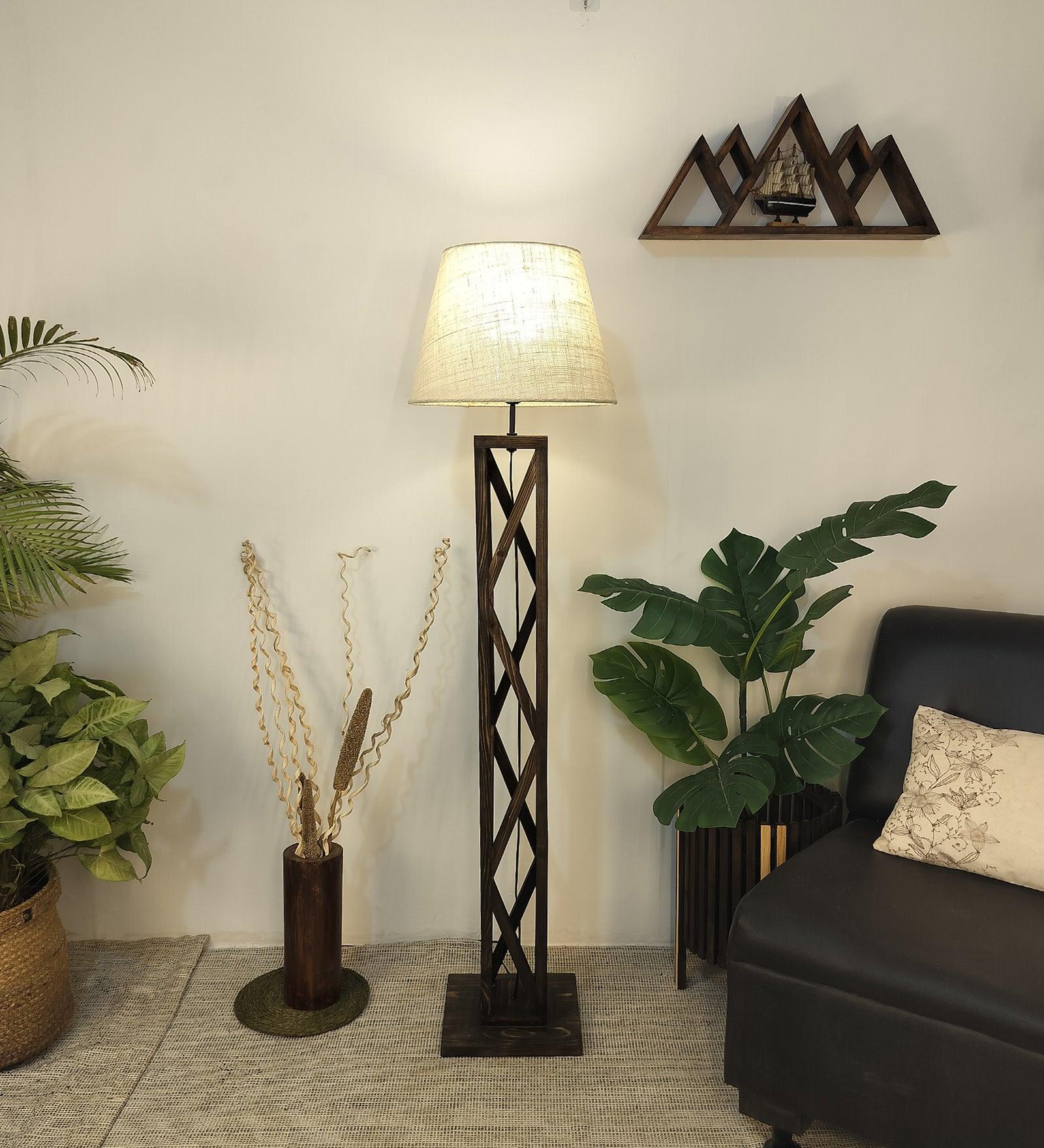 Symmetric Wooden Floor Lamp with Brown Base and Beige Fabric Lampshade - WoodenTwist