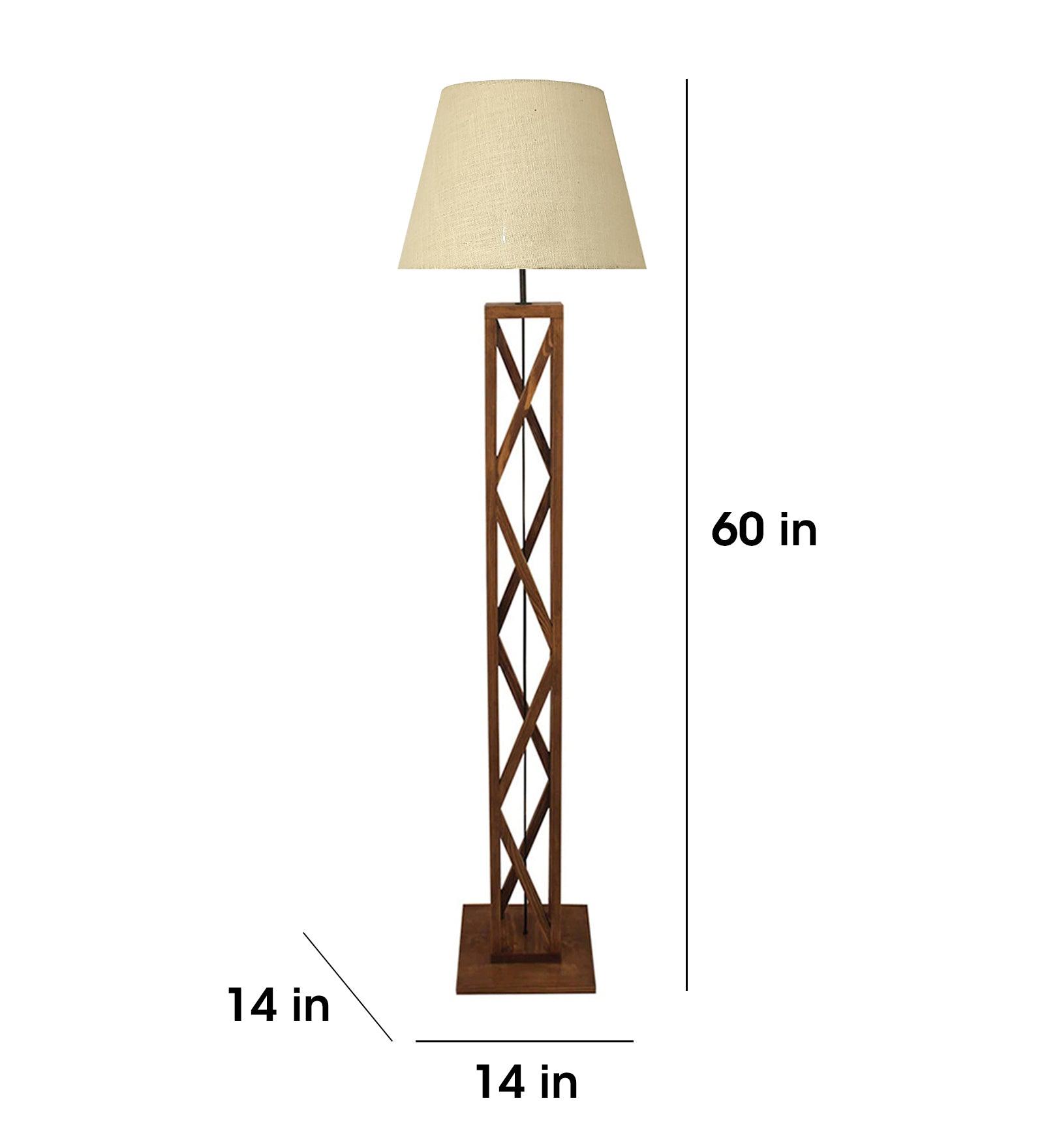 Symmetric Wooden Floor Lamp with Brown Base and Beige Fabric Lampshade - WoodenTwist