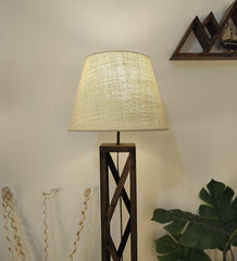 Symmetric Wooden Floor Lamp with Brown Base and Beige Fabric Lampshade - WoodenTwist