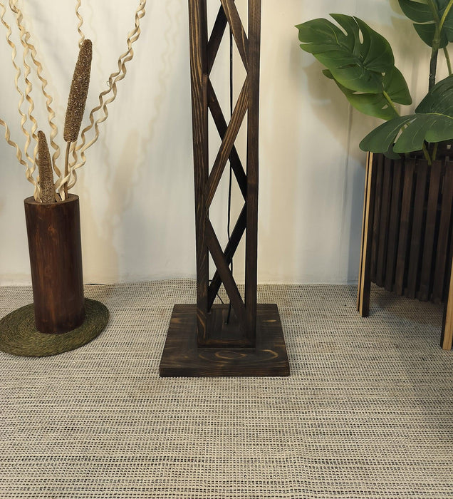 Symmetric Wooden Floor Lamp with Brown Base and Beige Fabric Lampshade