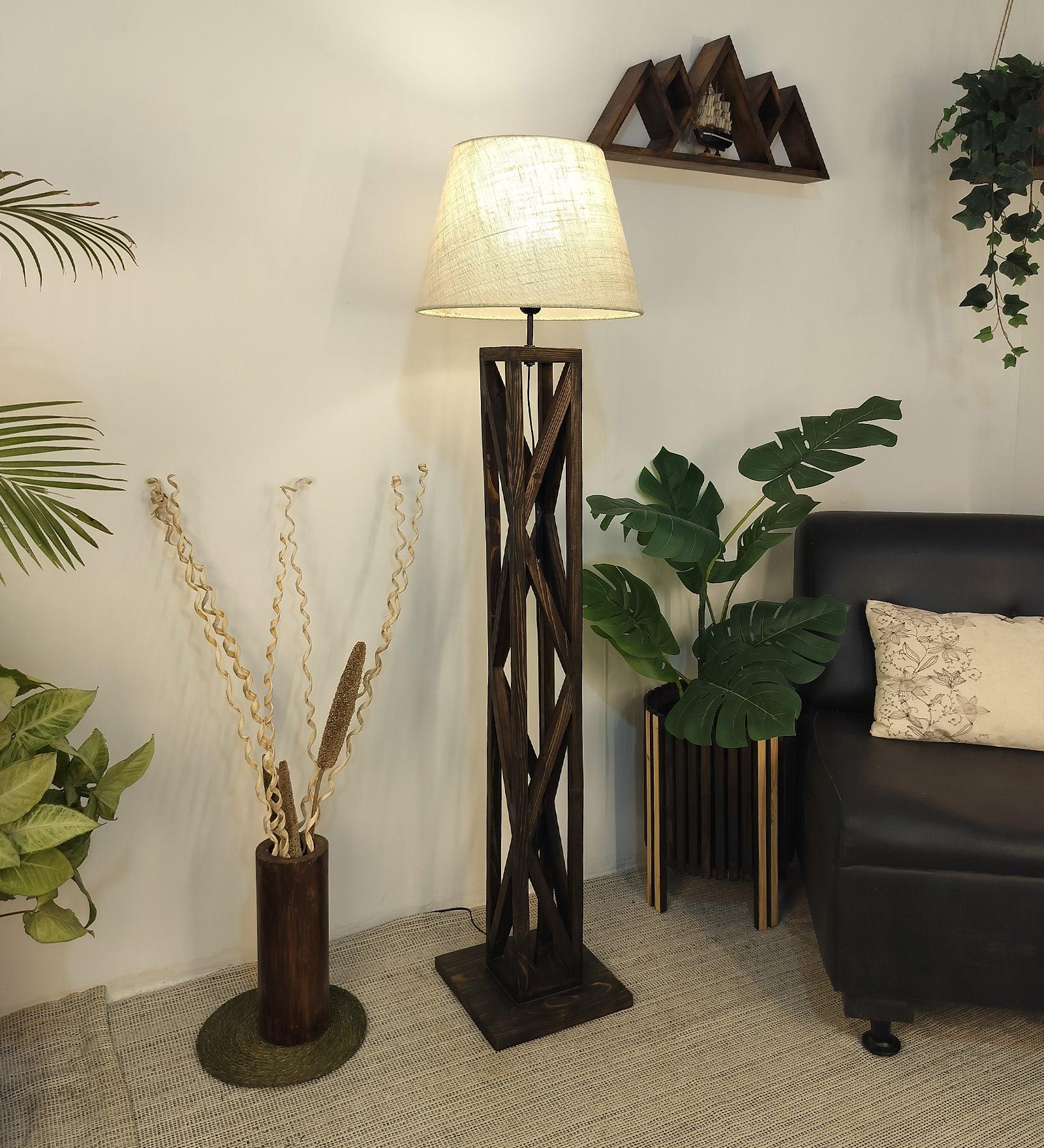 Symmetric Wooden Floor Lamp with Brown Base and Beige Fabric Lampshade - WoodenTwist