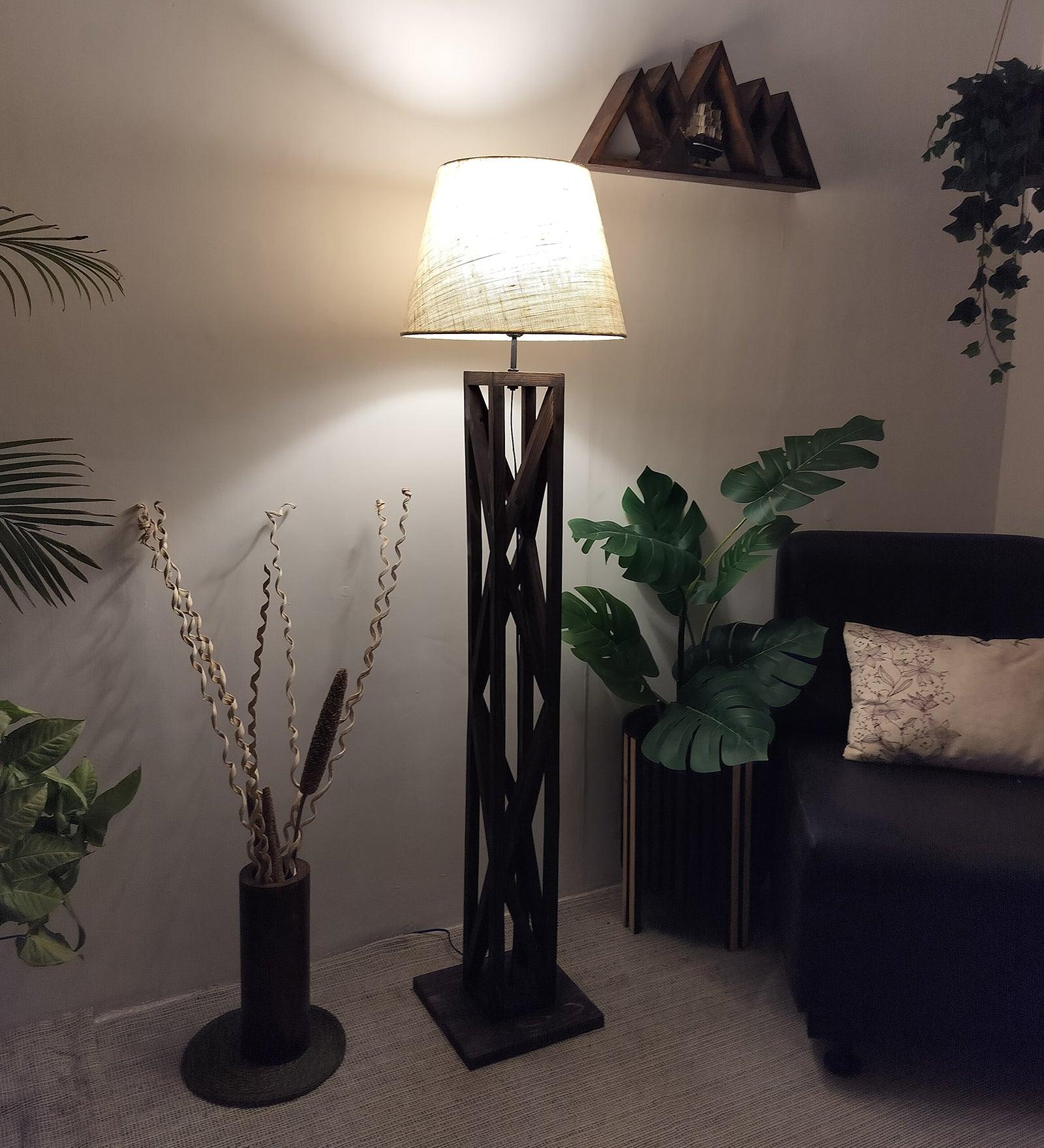 Symmetric Wooden Floor Lamp with Brown Base and Beige Fabric Lampshade - WoodenTwist