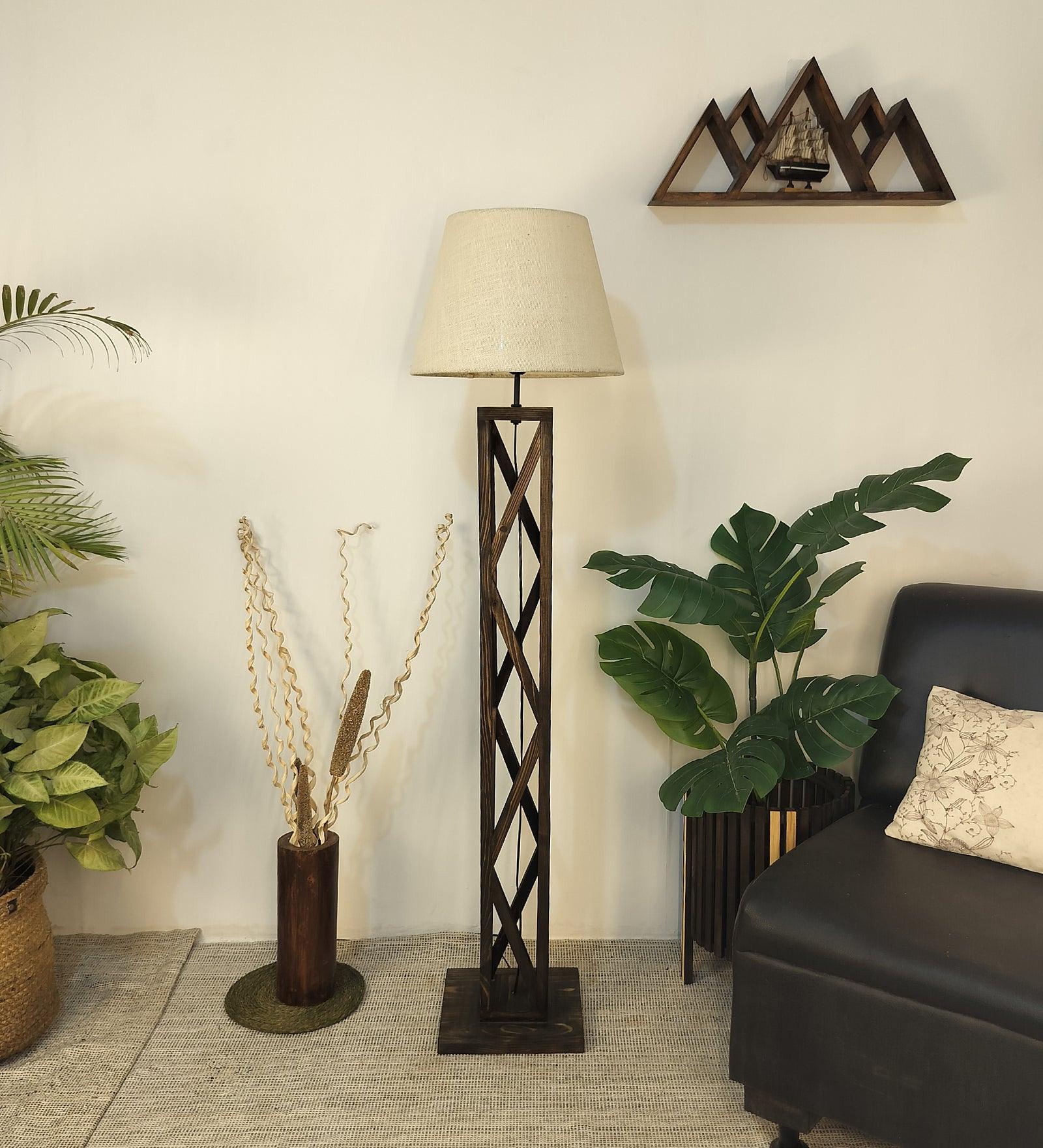 Symmetric Wooden Floor Lamp with Brown Base and Beige Fabric Lampshade - WoodenTwist