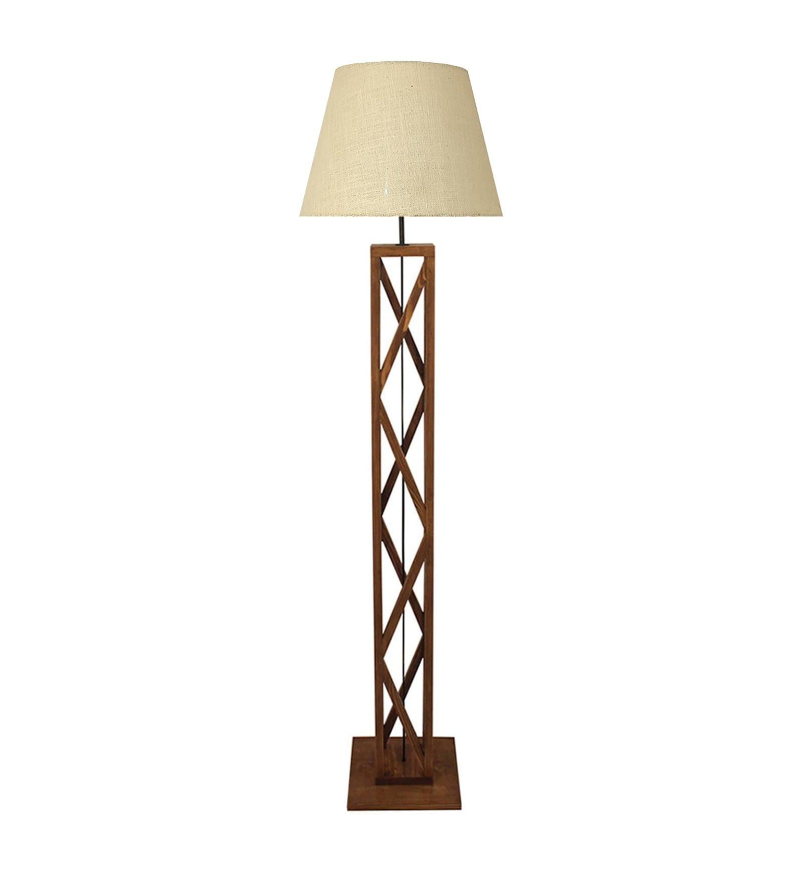 Symmetric Wooden Floor Lamp with Brown Base and Beige Fabric Lampshade - WoodenTwist