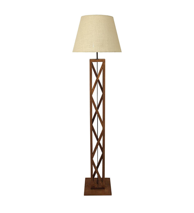 Symmetric Wooden Floor Lamp with Brown Base and Beige Fabric Lampshade