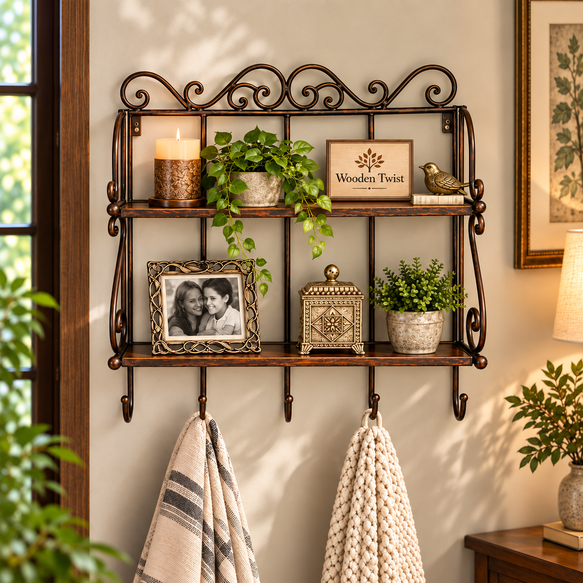 Wall Mounted 2 Shelf Book and Kitchen Rack with Key Hanger