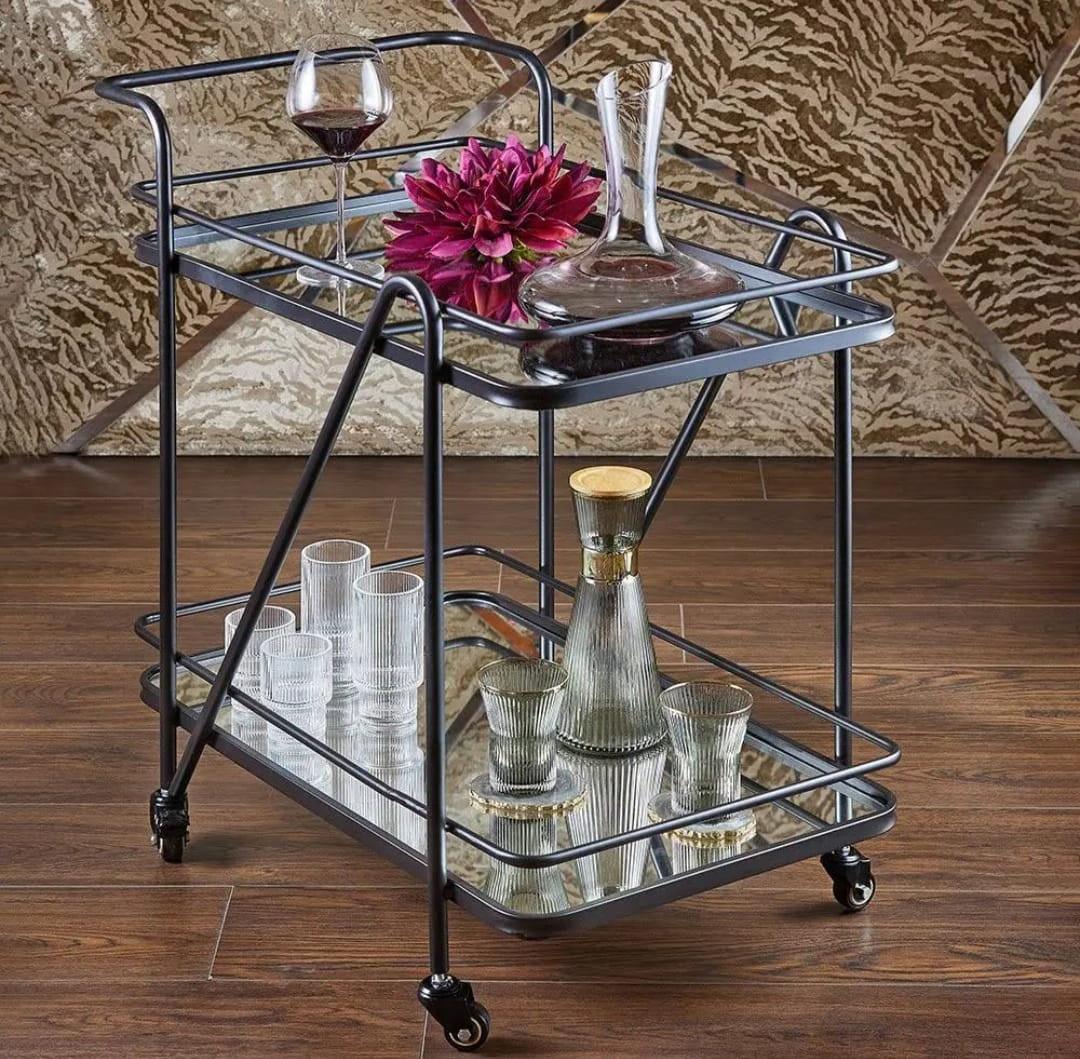 Modern Black Iron Trolley with Glass Top