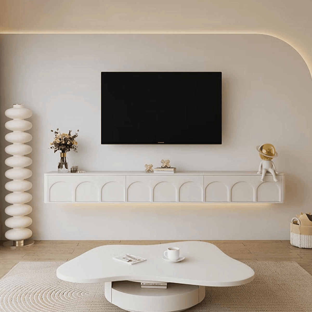 Snuggle wall mounted TV unit with shelf