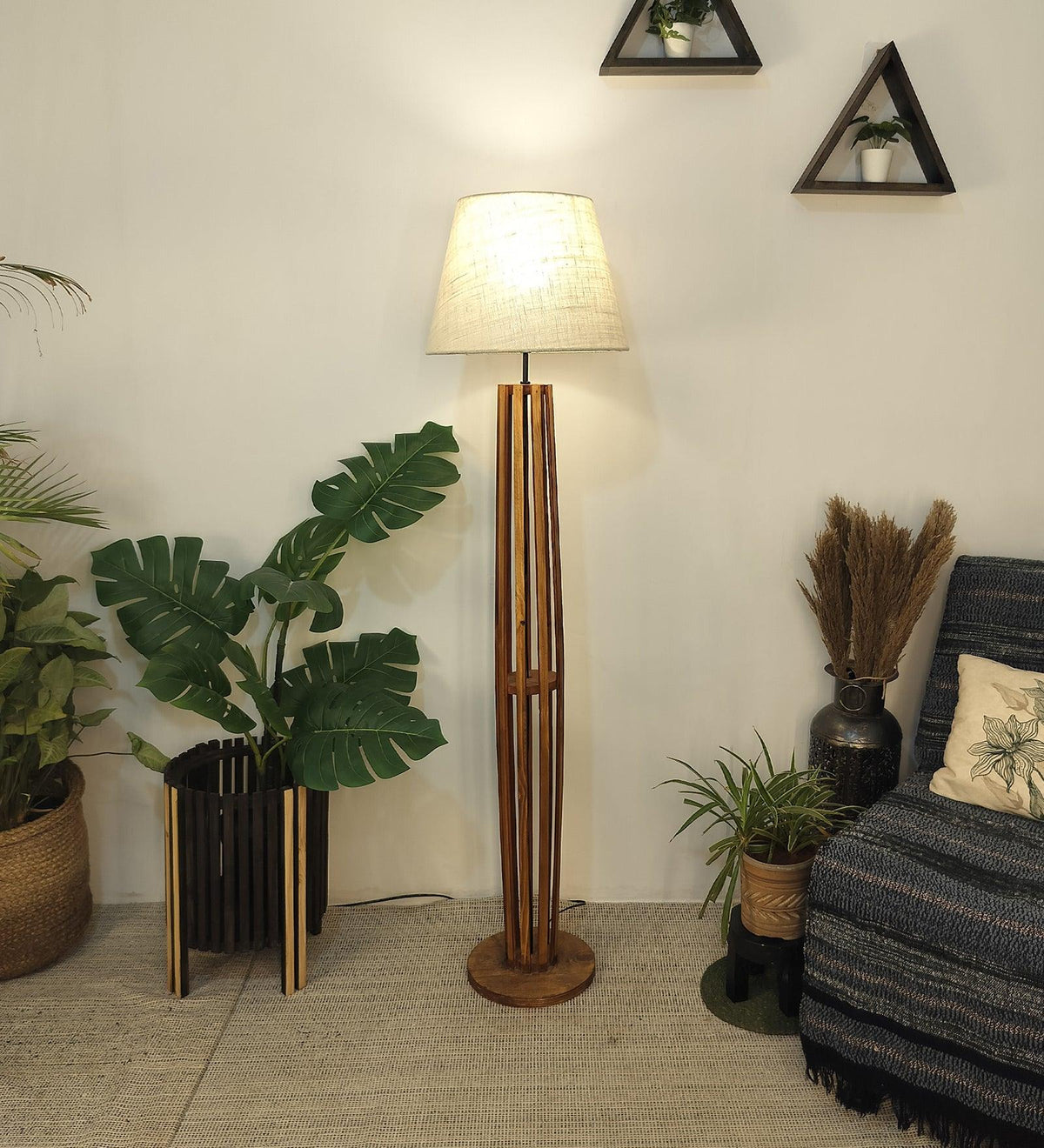 Tall Boy Wooden Floor Lamp With Yellow Printed Fabric Lampshade - WoodenTwist