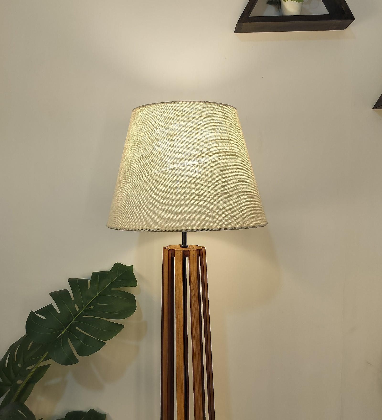 Tall Boy Wooden Floor Lamp With Yellow Printed Fabric Lampshade - WoodenTwist